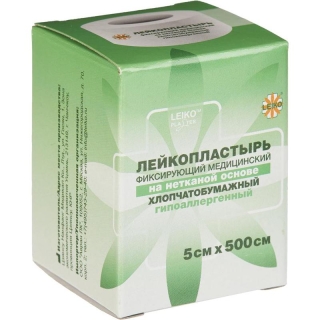 LEIKO, хлопчатобумажный неткан. лейкопластырь 5*500 см, кат. в инд. уп.